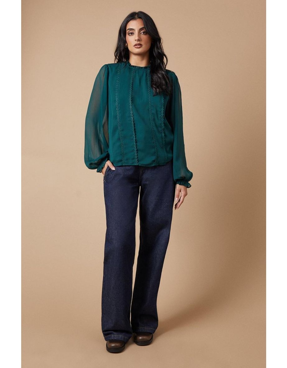 Plain Lace Trim Chiffon Blouse