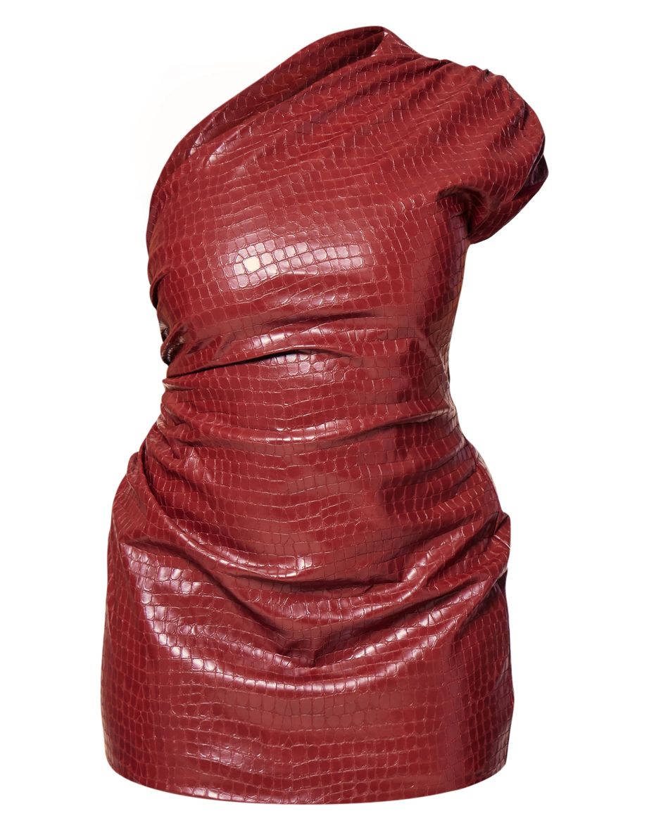 PLT Label Plus Burgundy Croc Faux Leather Ruched Asymmetrical Bodycon Dress - 4
