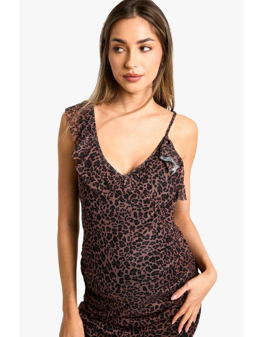 Maternity Leopard Print Mesh Ruffle Hem Detail Strappy Floor Length Dress - brown - 3