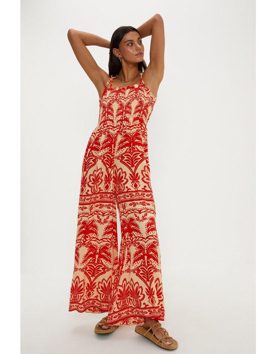 Petite Paisley Palm Shirred Jumpsuit
