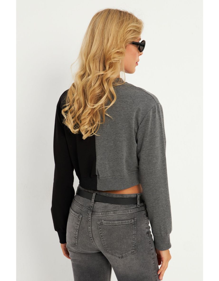 Women's Anthracite-Black Eyelet Short Sweatshirt - 8