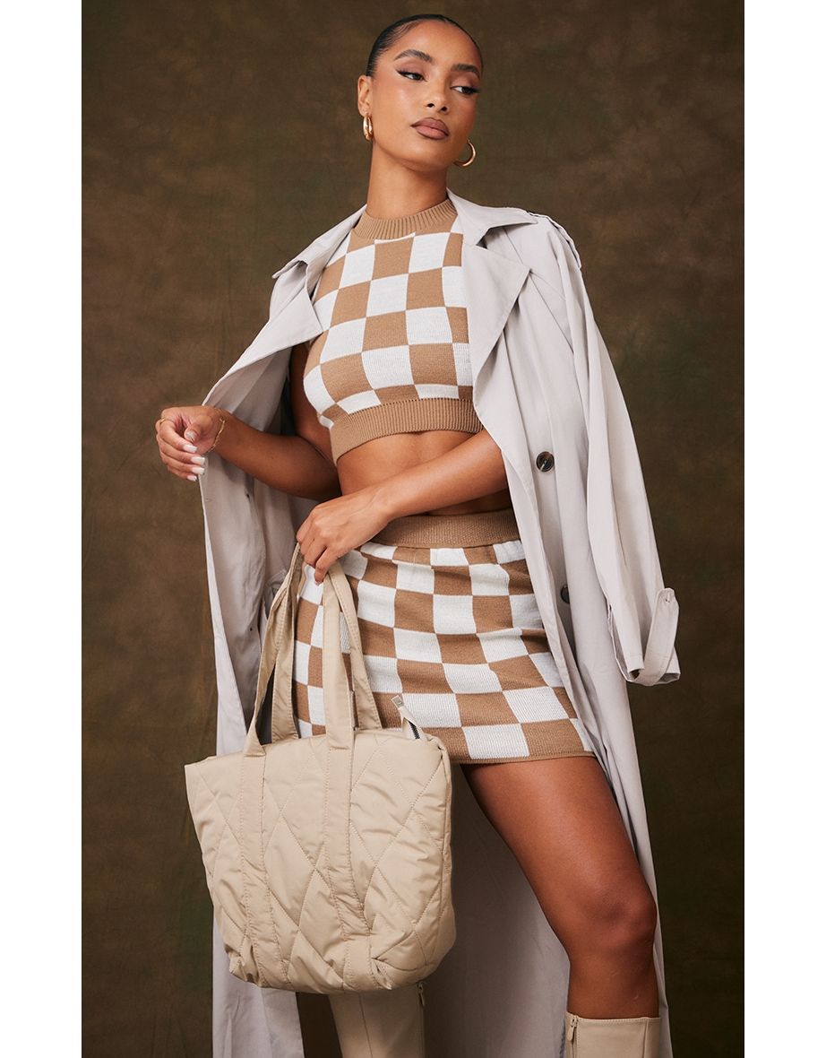 Cream Checkerboard Knitted Crop Top