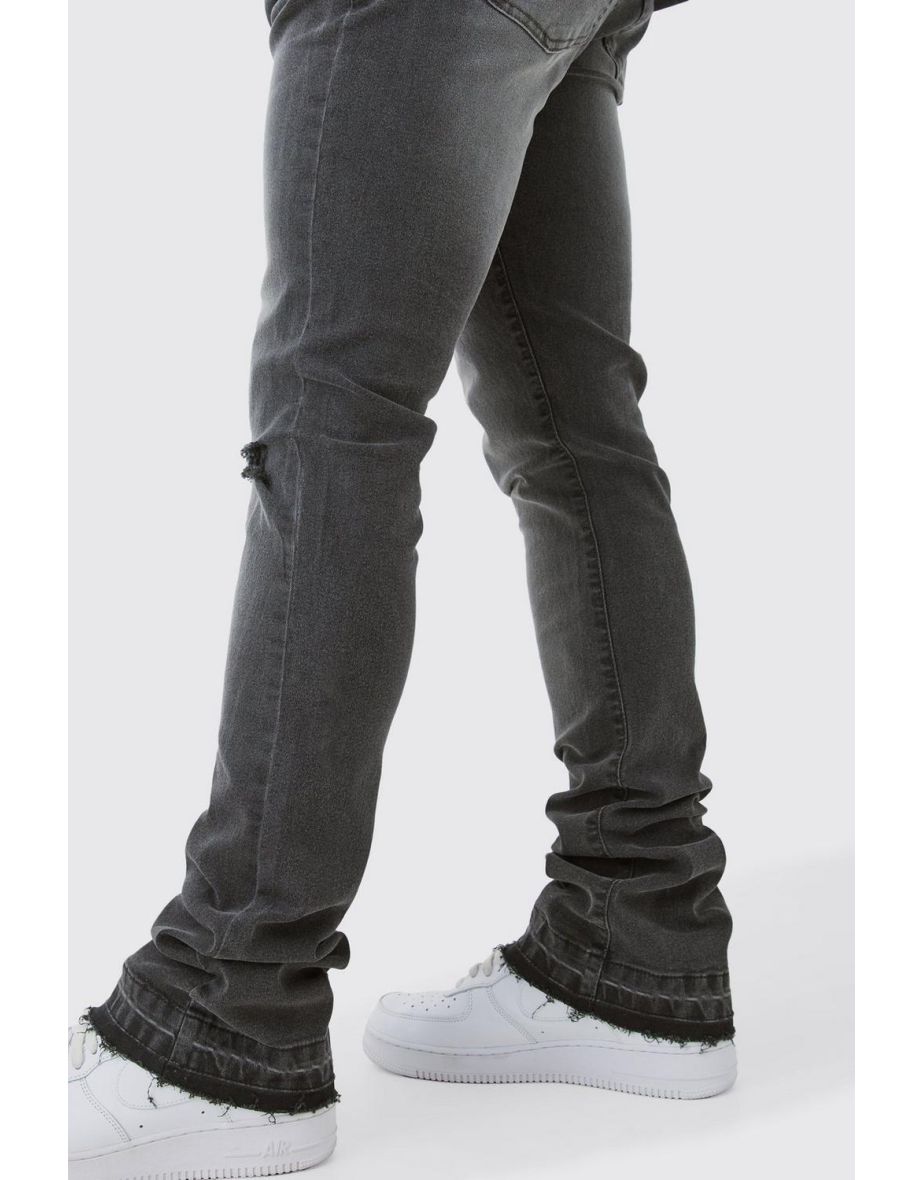 Skinny Stacked Flared Jeans With Knee Rip - charcoal - 2