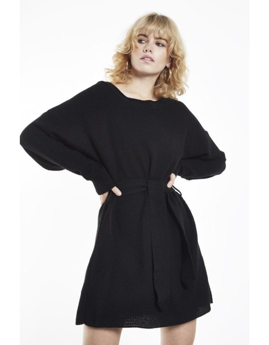 Black Knitted Mini Skater Dress with Long Sleeve
