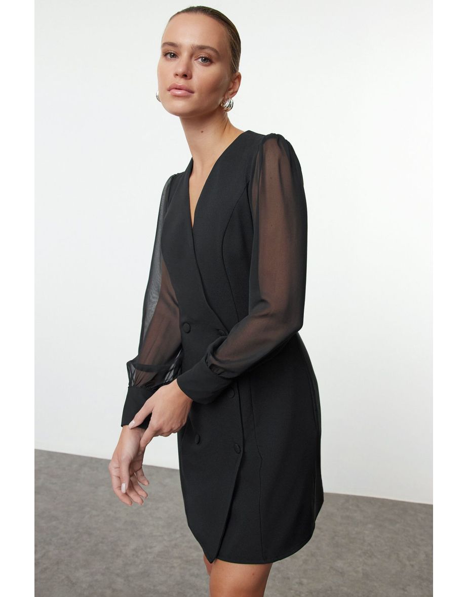 Black Belted Chiffon Sleeve Detailed Mini Woven Jacket Dress