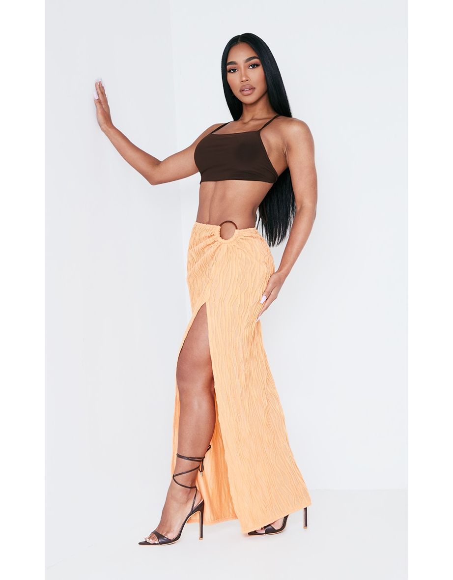 Bright Orange Textured O-ring Front Maxi Skirt