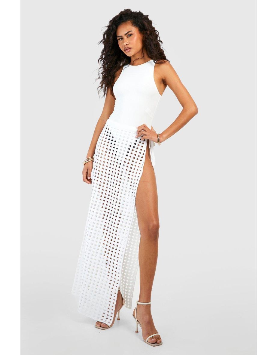 Thigh Split Crochet Maxi Skirt - white