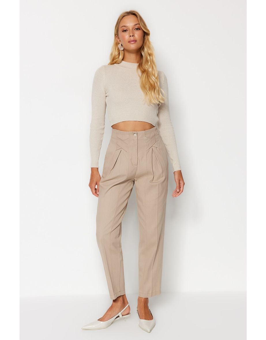 Mink Cotton Carrot Pattern Stripe Detailed Woven Trousers