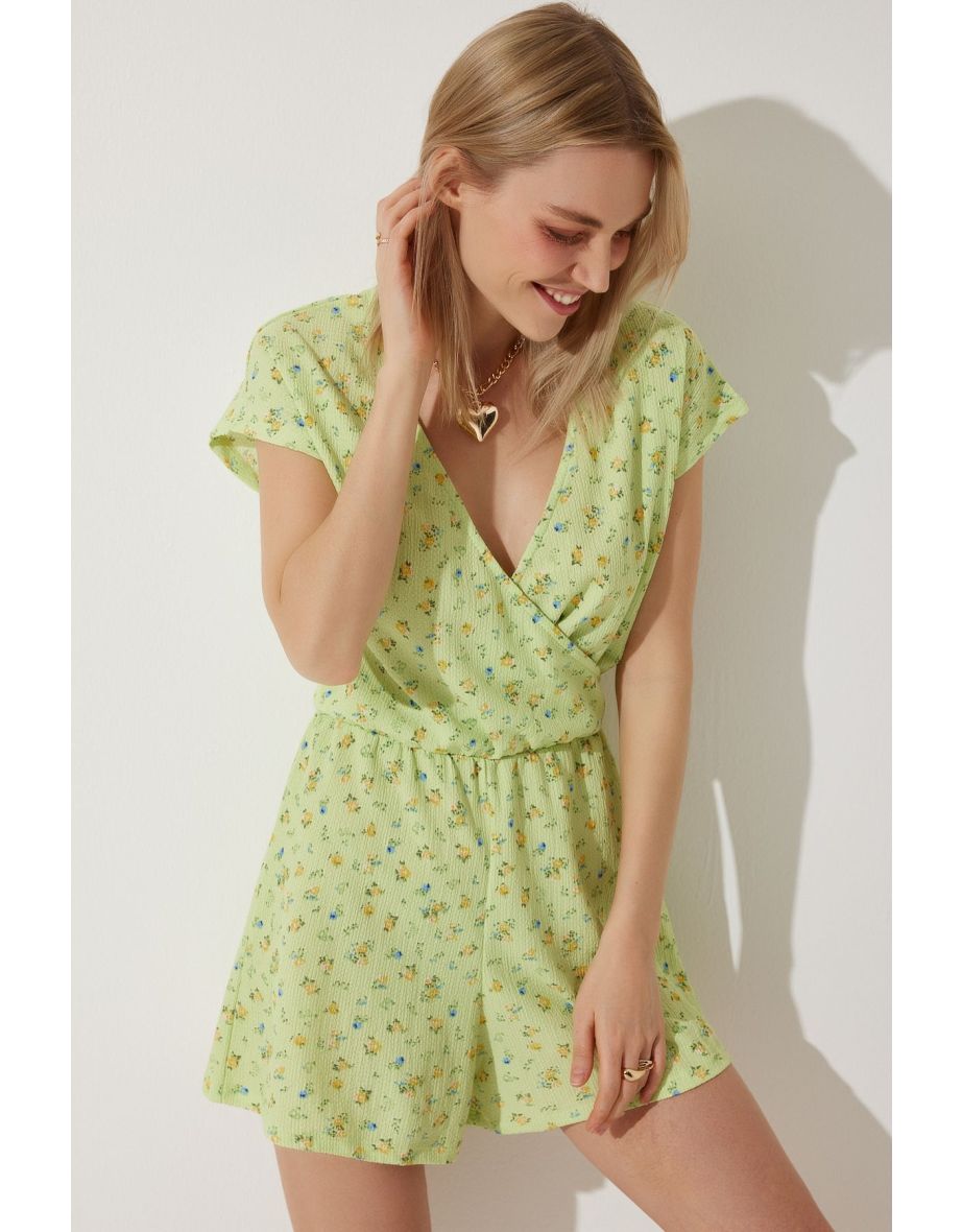 Women's Light Green Floral Mini Knitted Jumpsuit - 4