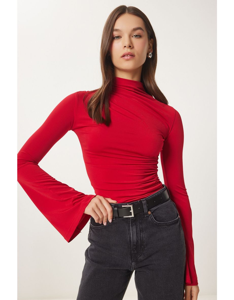 Women's Red Spanish Sleeve Drawstring Sandy Knitted Blouse
