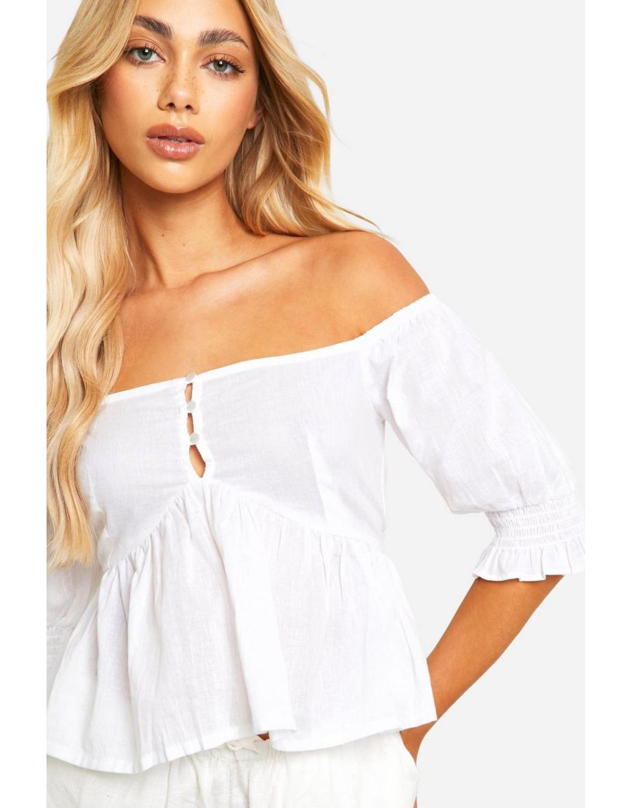 Bardot Smock With Shirred Cuffs Cotton Top - white - 3