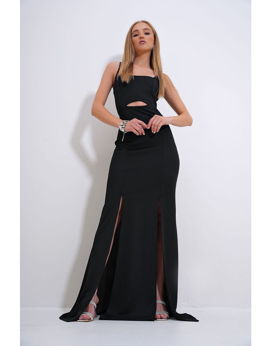 Women's Black Adjustable Strap Out Cut Slit Graduation Dress - 5