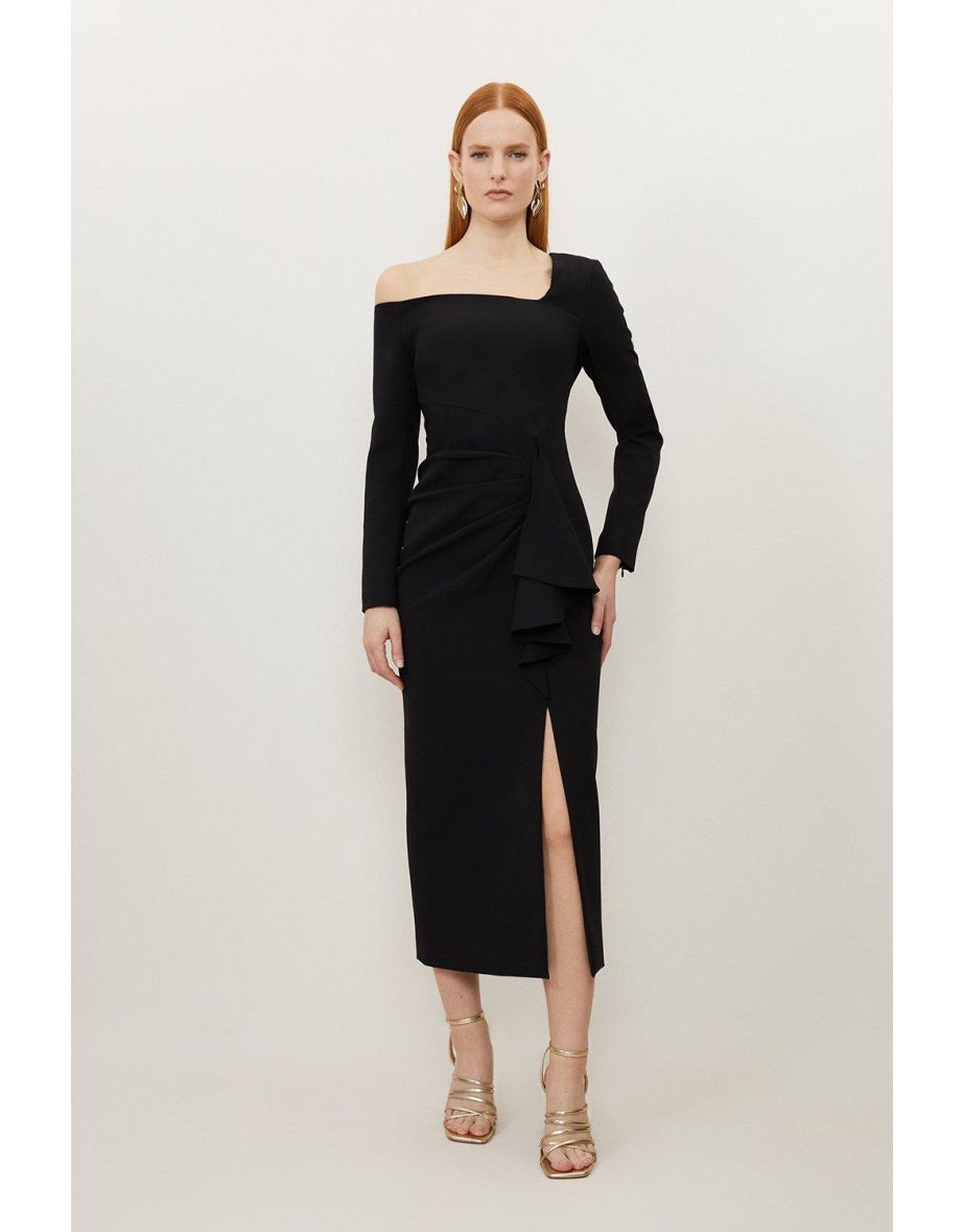 Stretch Crepe Asymmetric Neckline Draped Dress