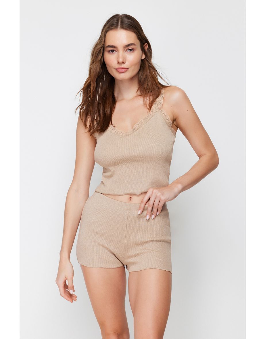 Beige Ribbed Cotton Singlet-Short Knitted Pajamas Set