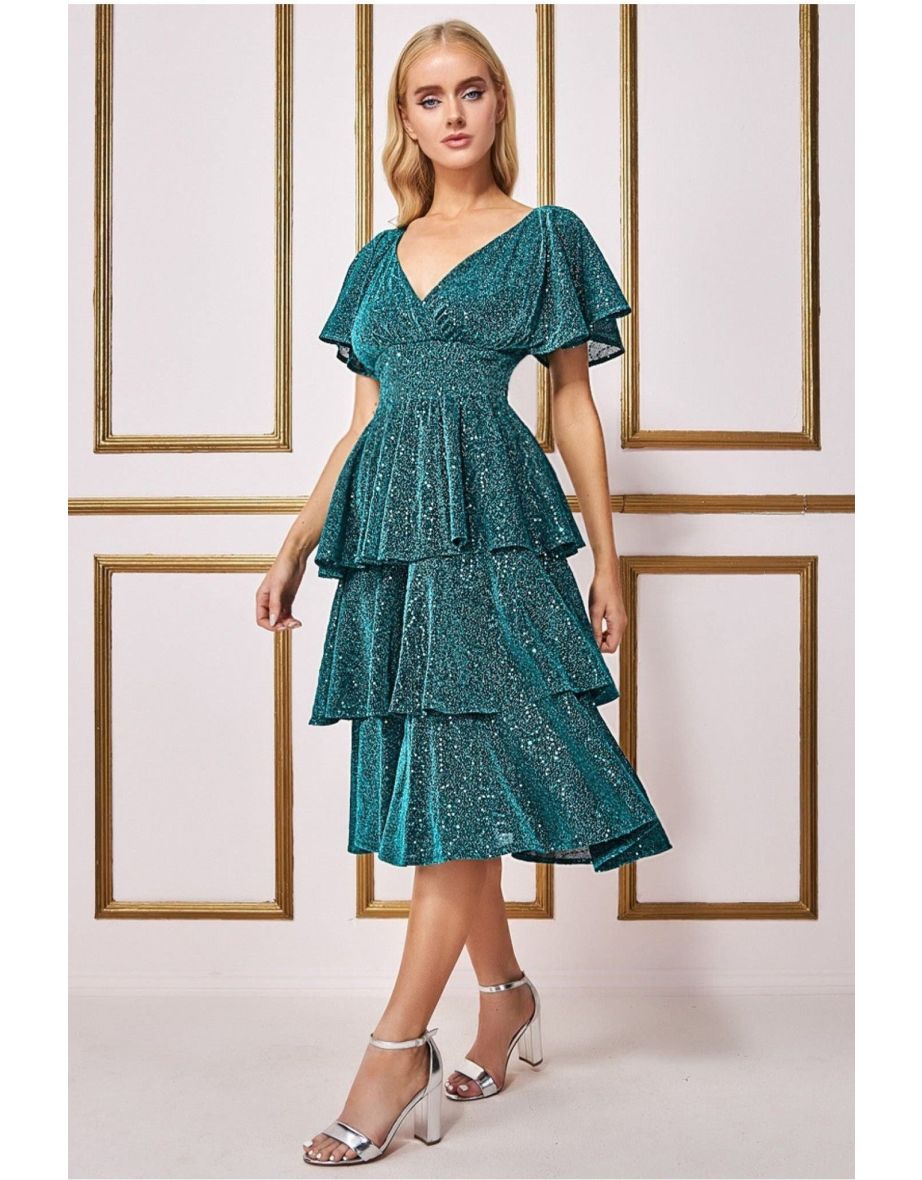 Goddiva Sequin Lurex Tiered Midi Dress - Teal Blue
