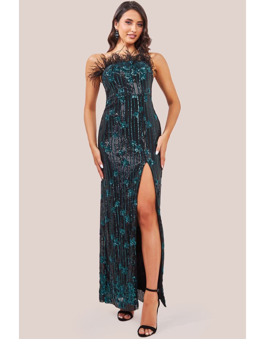 Goddiva Sequin And Feather Boobtube Maxi - Emerald