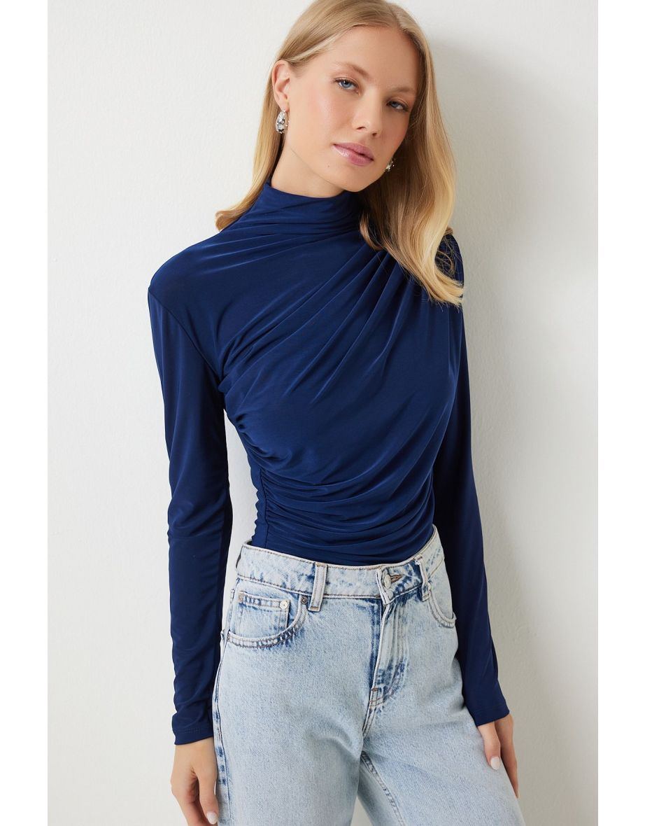 Women's Cobalt Blue Ruffle Detailed High Collar Sandy Blouse