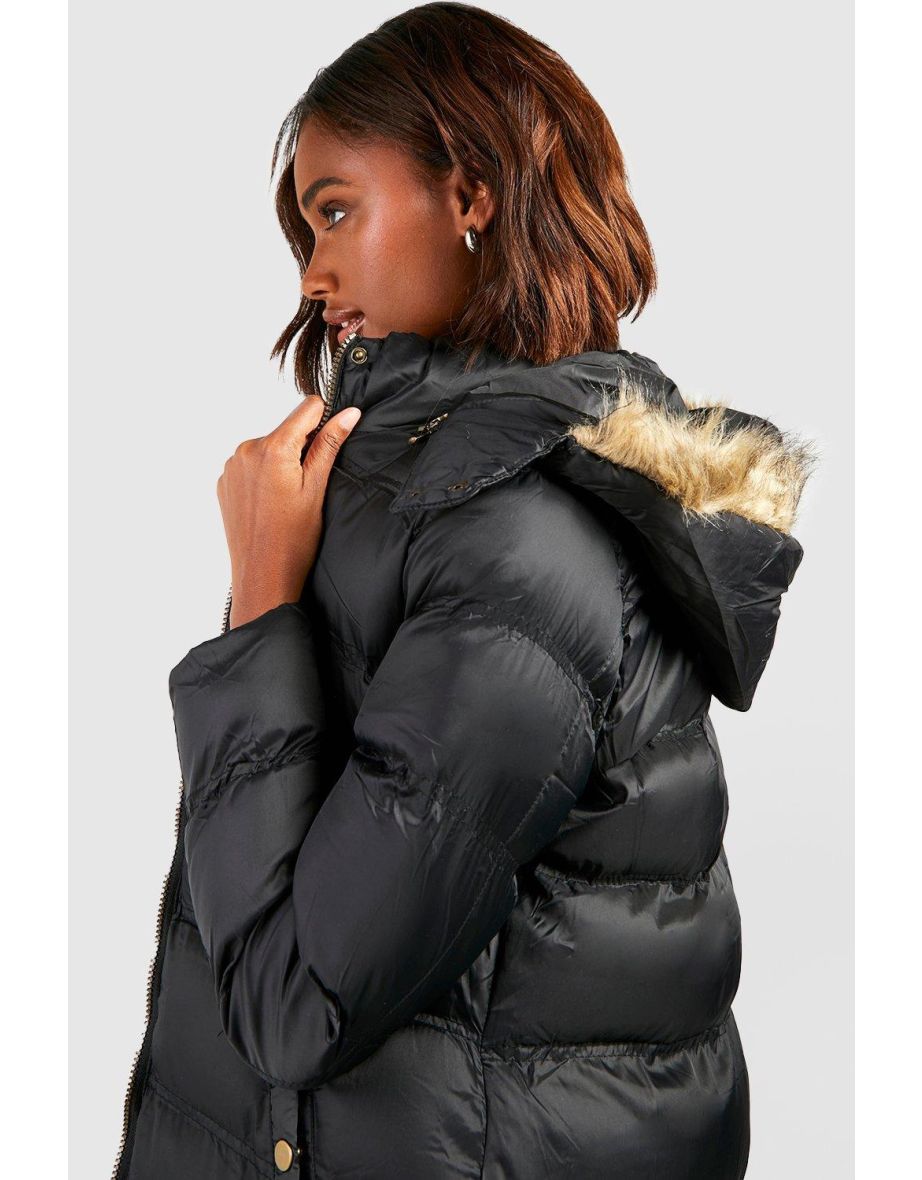 Longline Padded Faux Fur Hooded Jacket - black - 3