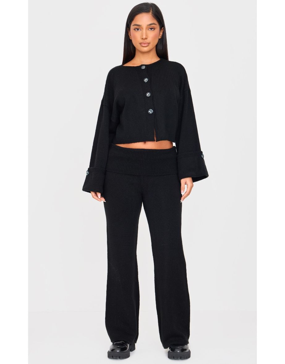 Petite Black Knitted Fold Over Flare Trousers