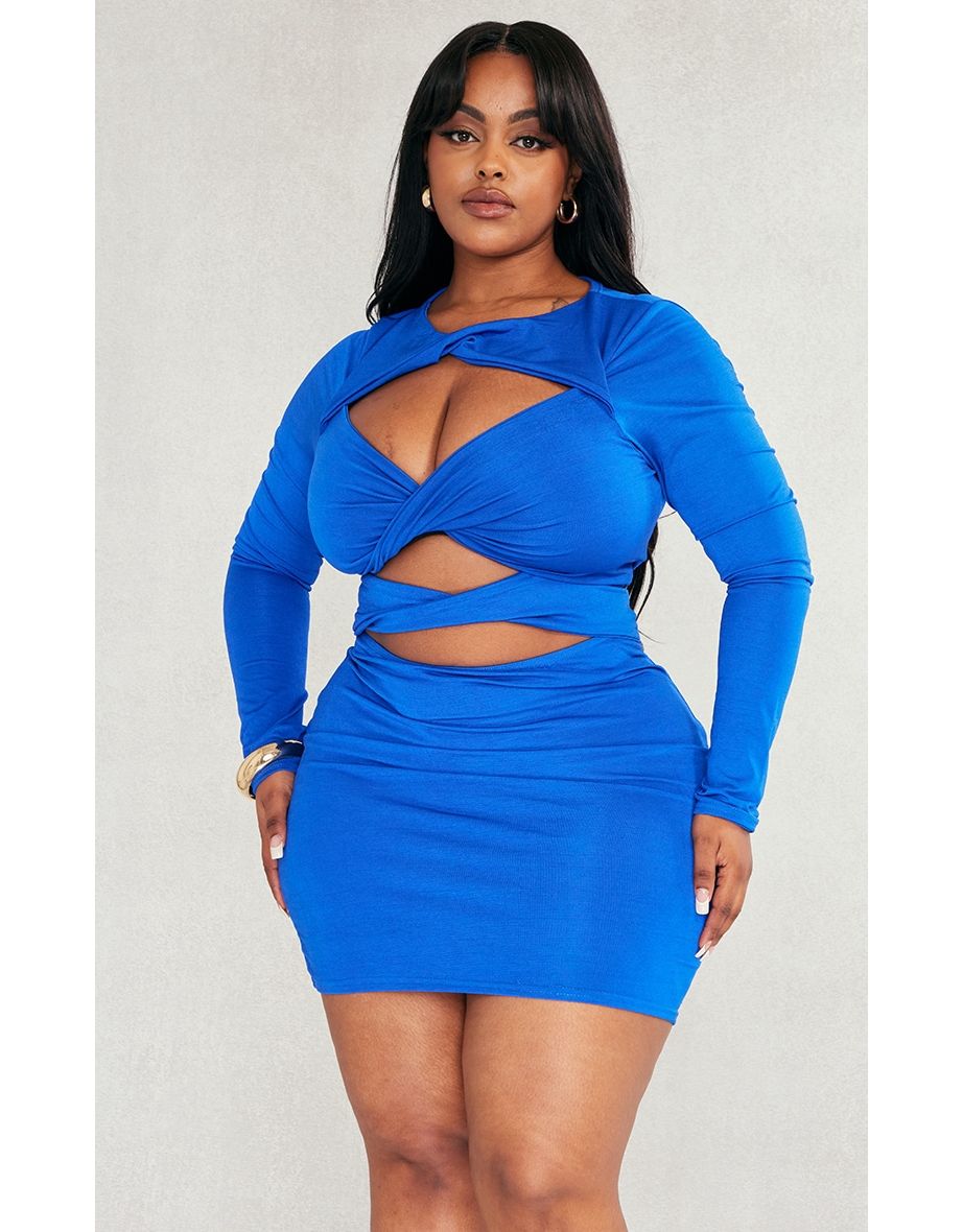 Plus Bright Blue Long Sleeve Cut Out Bodycon Dress - 2