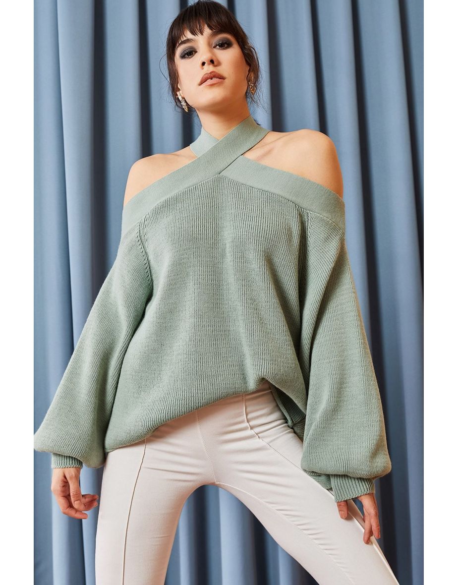 Women's Mint Green Cross Neck Knitwear Sweater