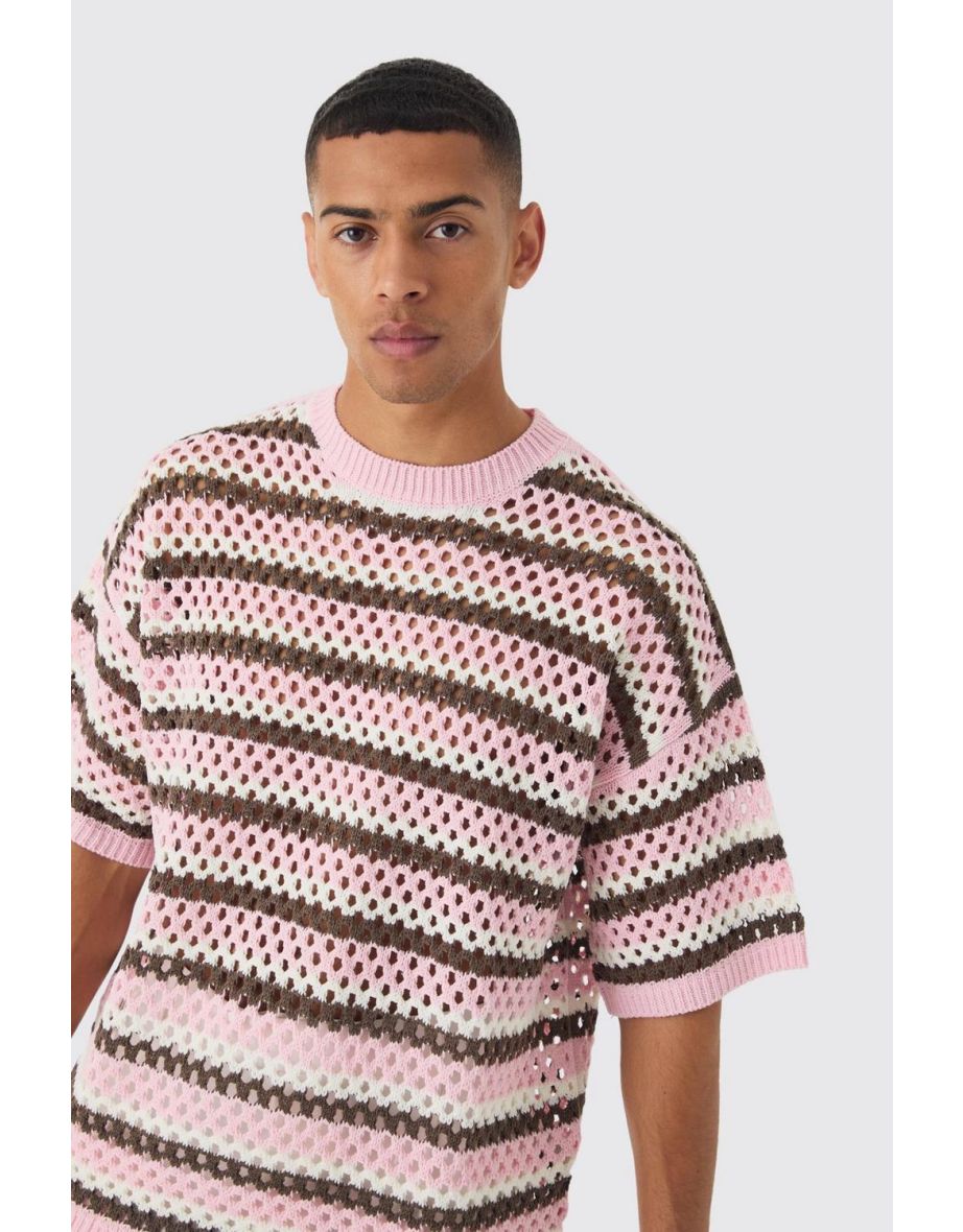 Oversized Boxy Open Stitch Horizontal Stripe Knit T-shirt - pink - 2