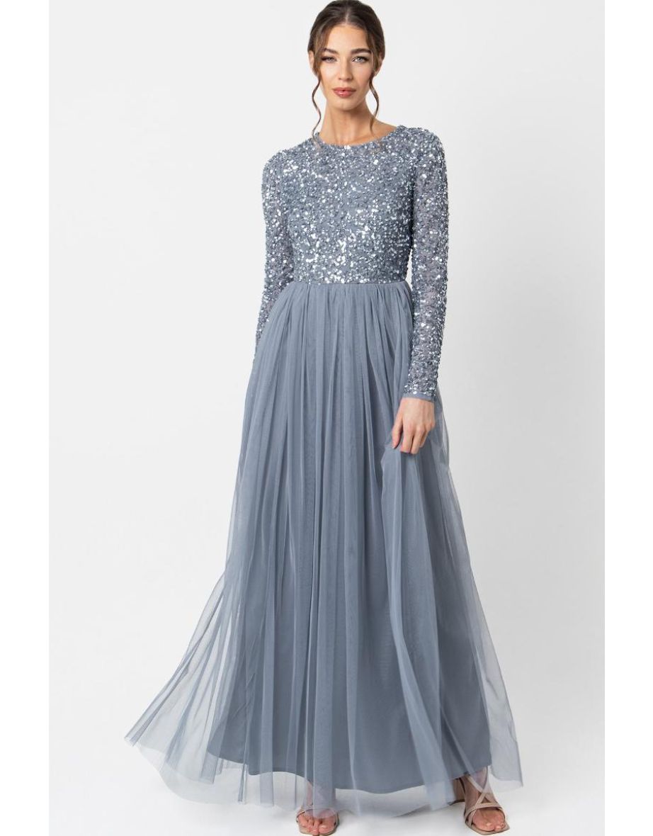 Maya Dusty Blue Embellished Long Sleeve Maxi Dress