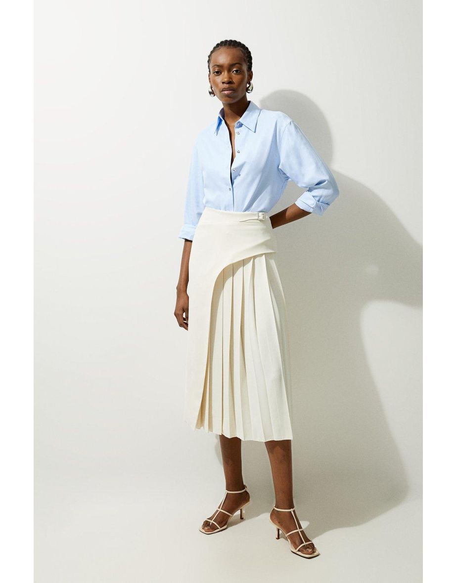 Tailored Buckle Detail Pleated Midi Skirt