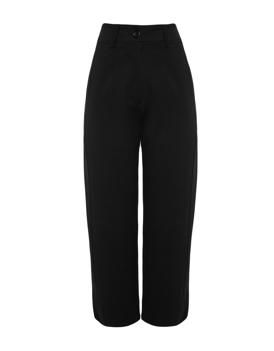 Black Pleated Wide/Casual Cut High Waist Carrot Fit Interlock Knitted Pants - 7