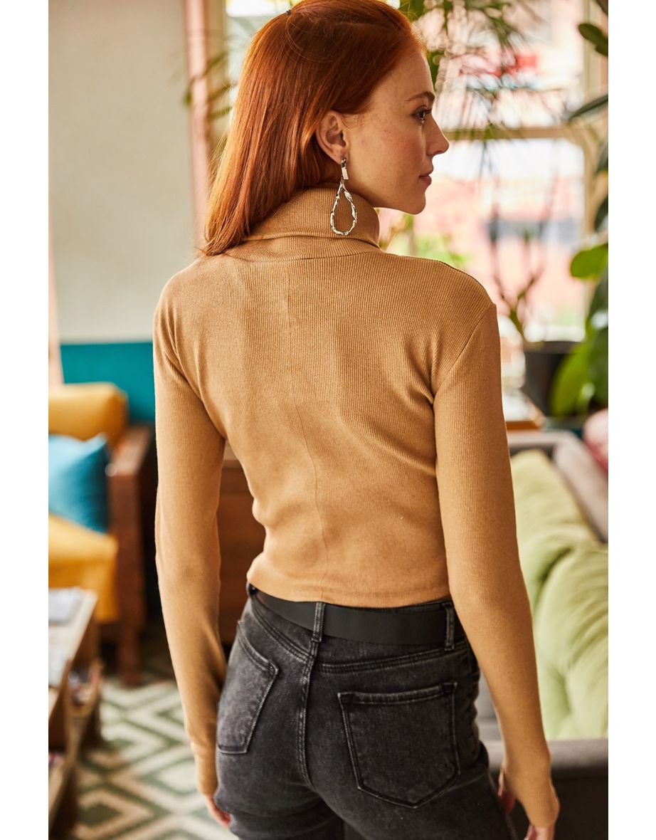Women's Camel Turtleneck Finger Detail Lycra Crop Blouse - 3