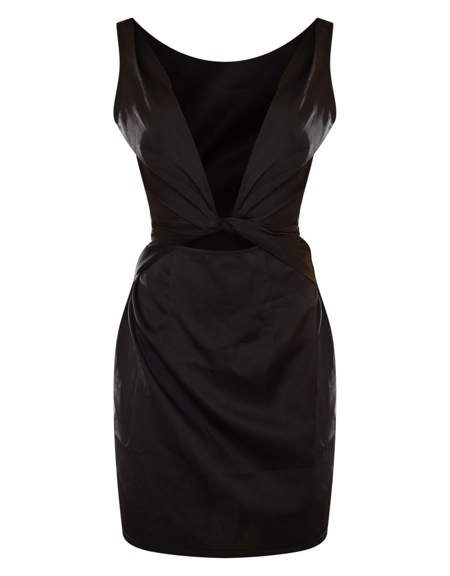 Black Satin Extreme Plunge Tie Waist Drape Bodycon Dress - 4
