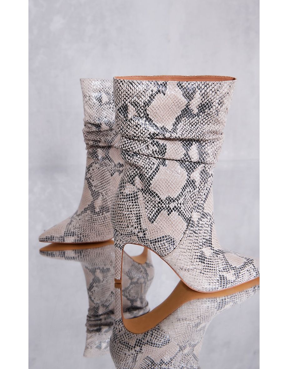 Snake Print PU Point Toe Ruched High Heeled Ankle Boots - 3
