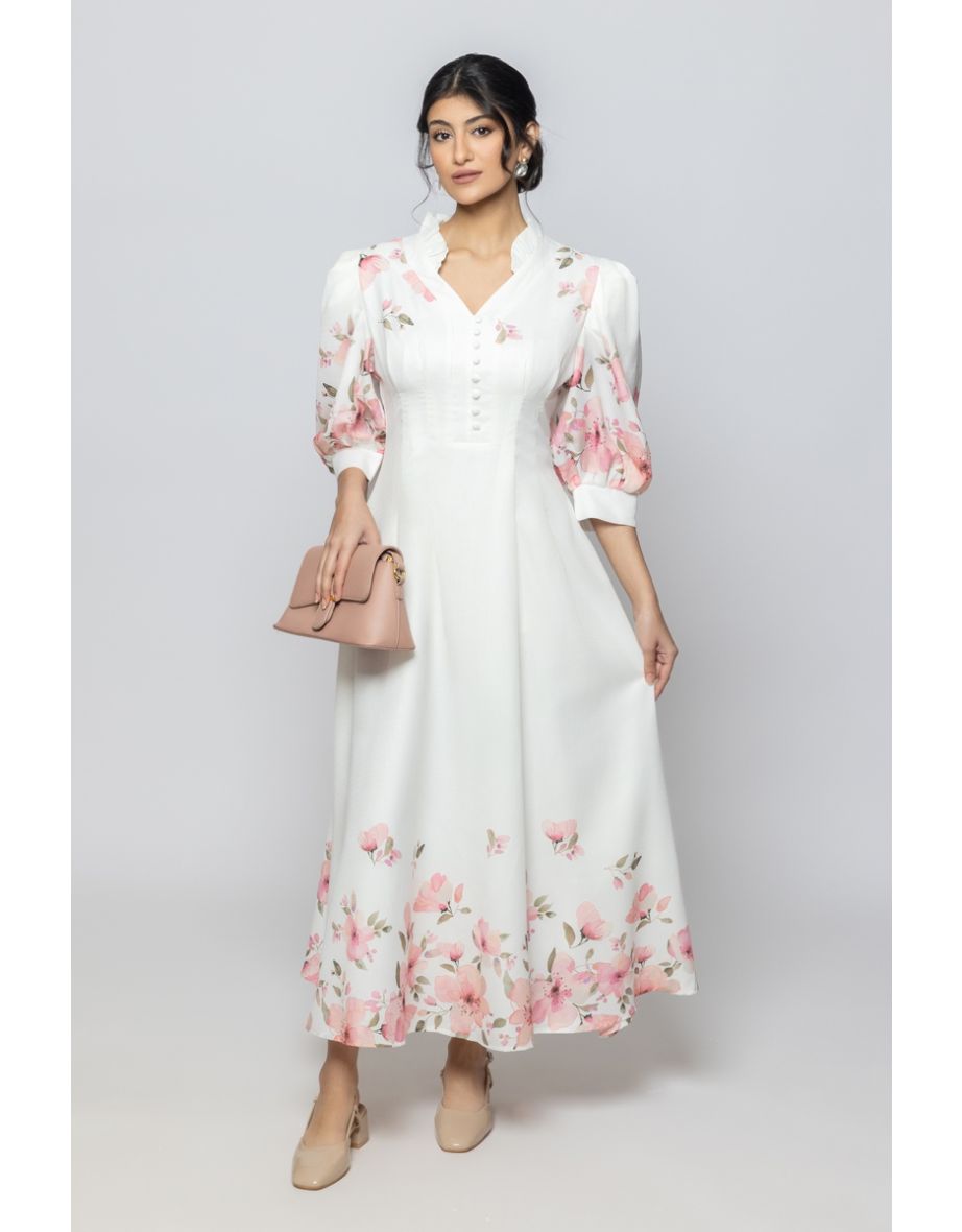 Women Three Quarter Sleeves Maxi Dress with Floral Print
