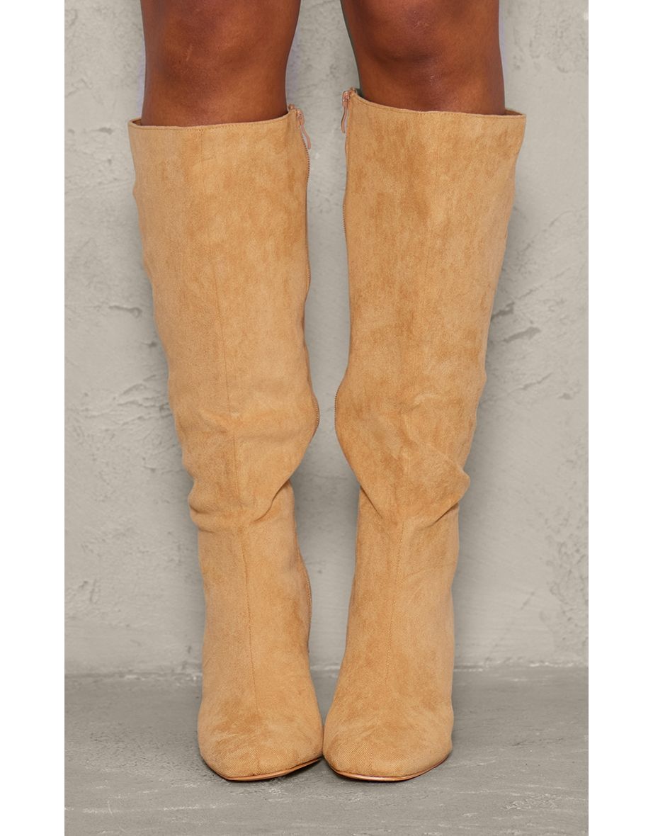 Beige Wide Fit Faux Suede Square Toe Block Heel Knee High Boots - 3