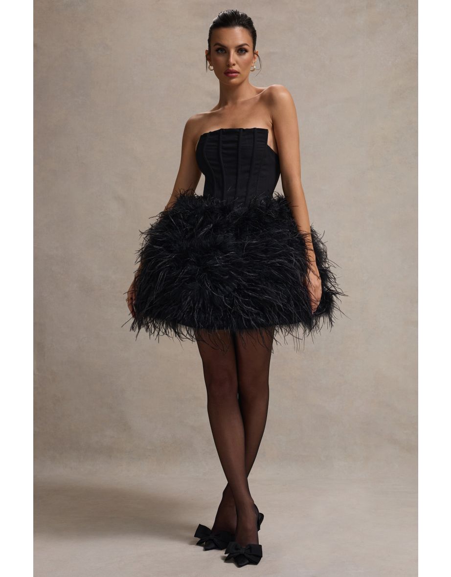 Peaches | Black Strapless Mini Dress With Volume Feather Hem