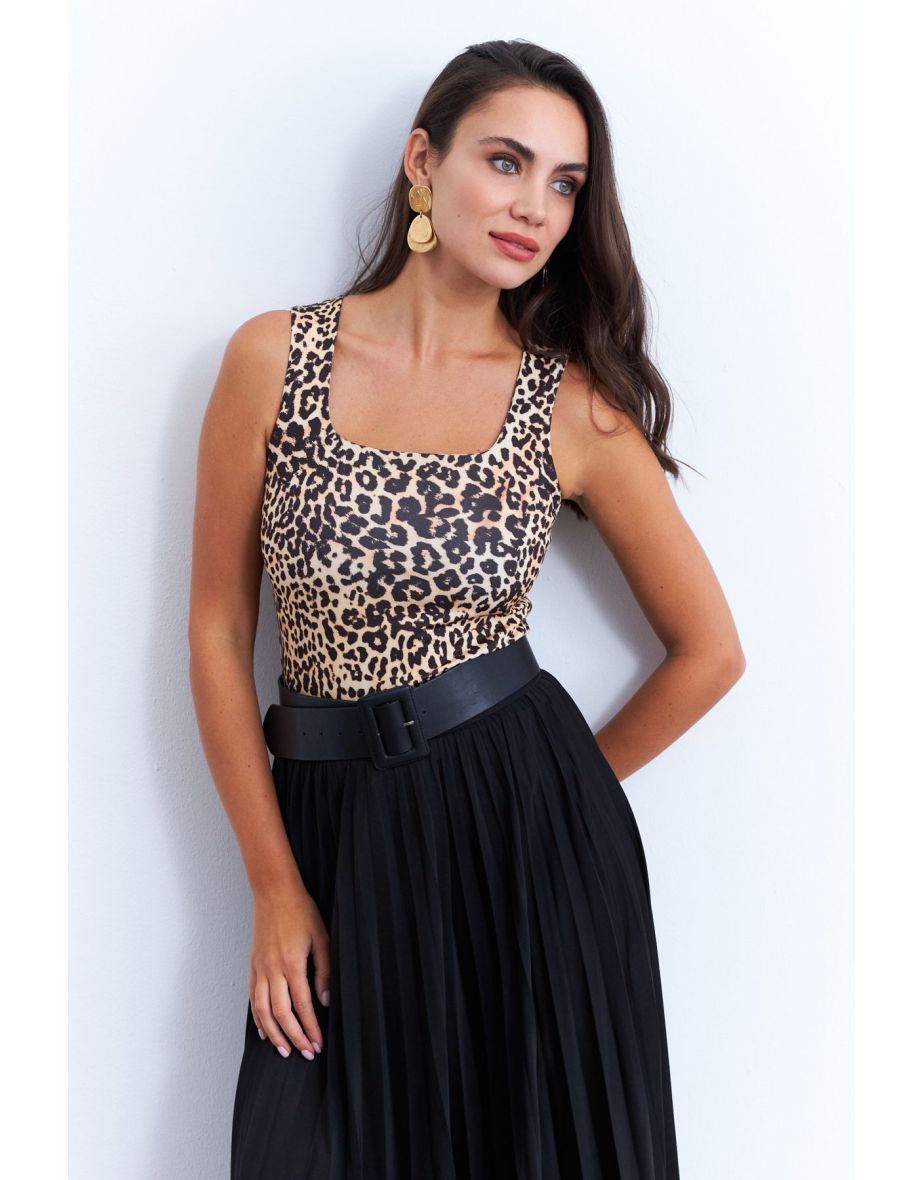 Women's Camel-Black Square Neck Leopard Blouse