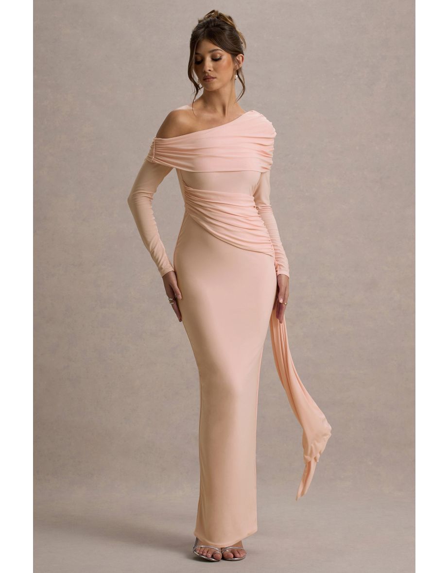 Valina | Pink Ruched Asymmetric Maxi Dress With Drape