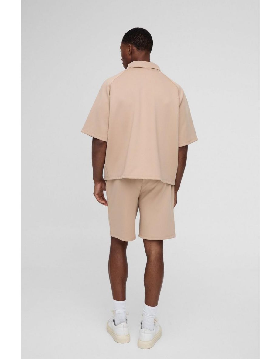 Oversized Boxy Raglan Scuba Polo & Short Set - taupe - 2