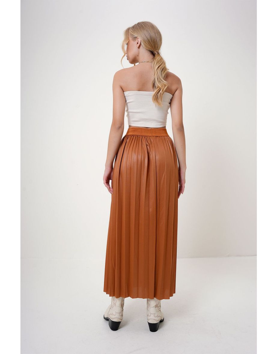 Women's Tan Elastic Waist Pleated Skirt - 5