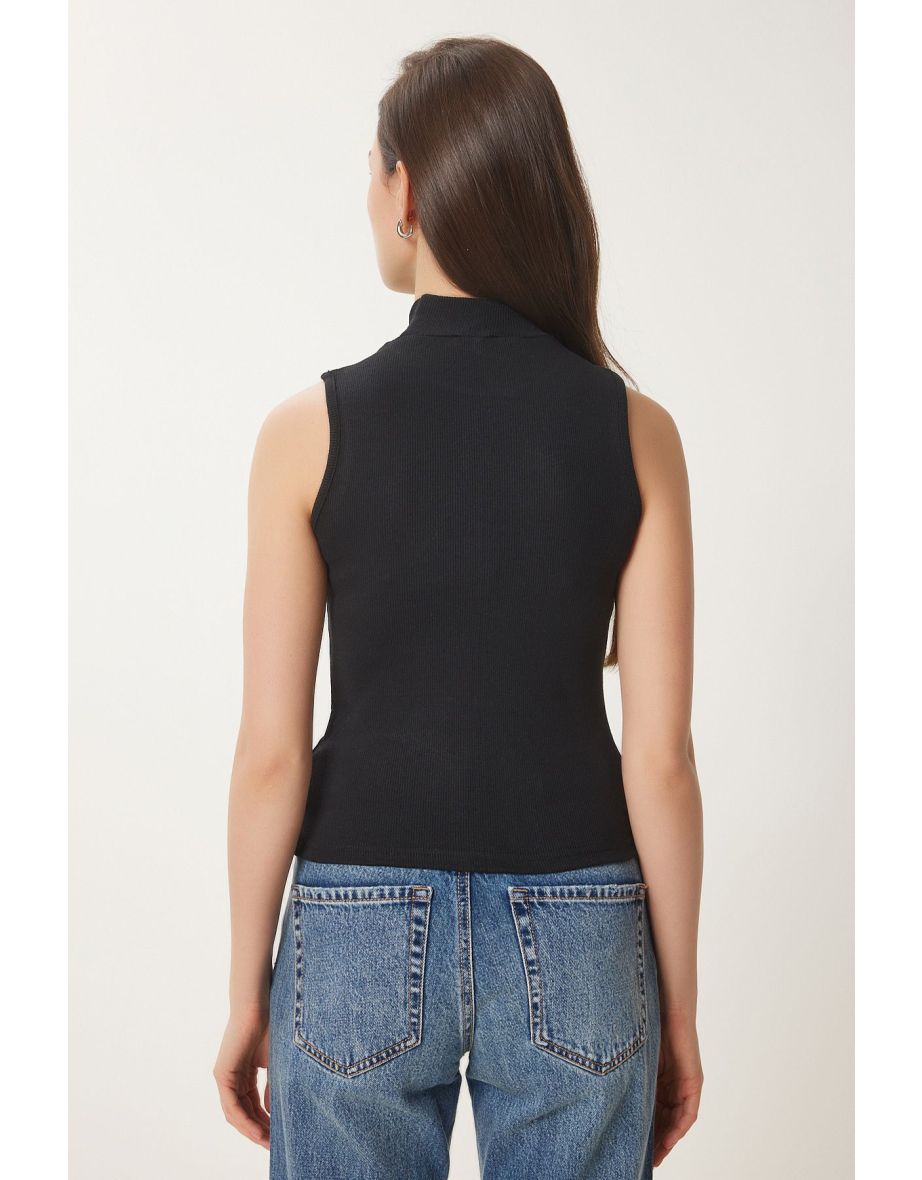 Women's Biscuit Black Turtleneck Sleeveless 2-Pack Knitted Blouse - 7