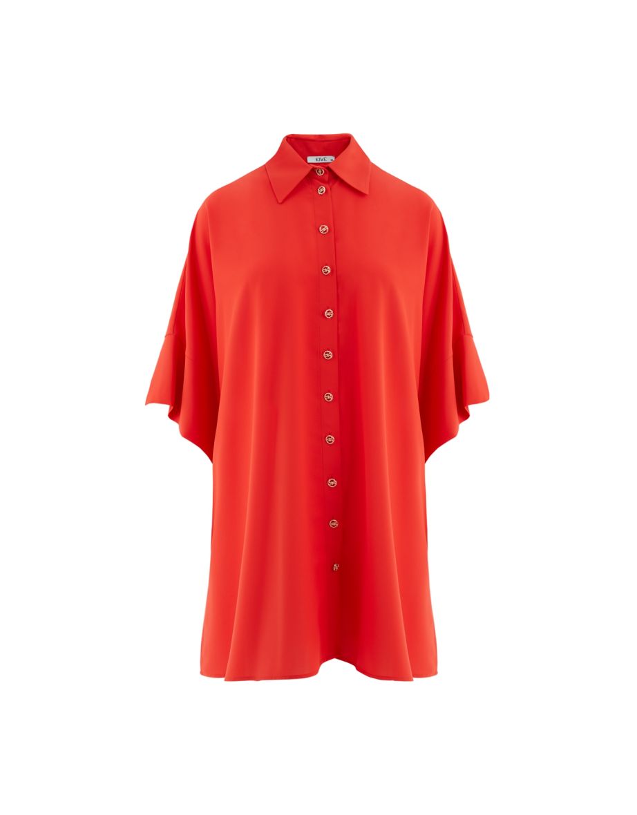 Red Dress with Double Collar and Metal Buttons with Side Slits - 2