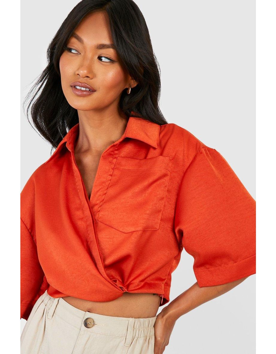 Cropped Satin Shirt - rust - 3