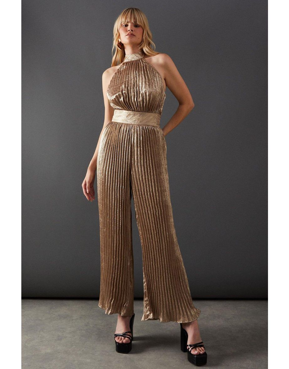 Lame Metallic High Neck Pleated Jumpsuit