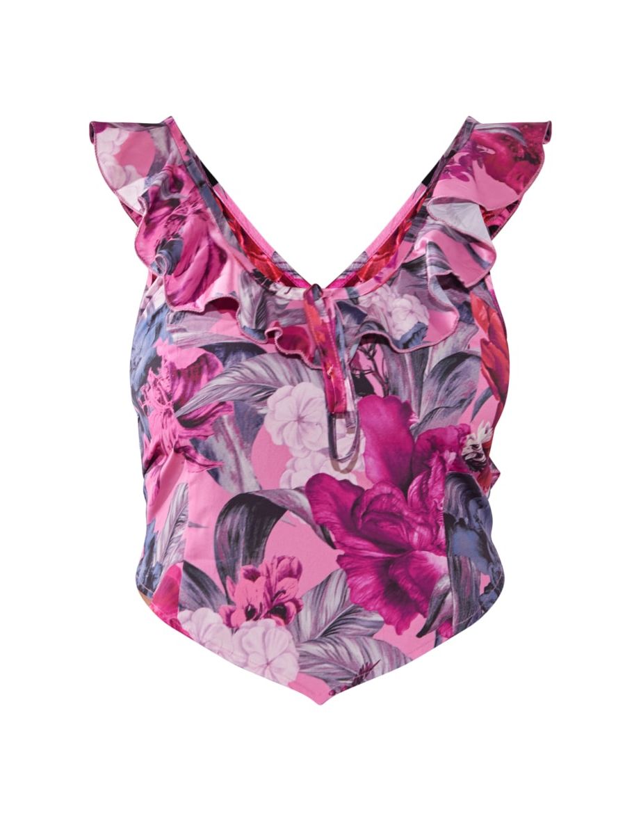 Plus Pink Floral Printed Ruffle Scoop Neck Top - 4
