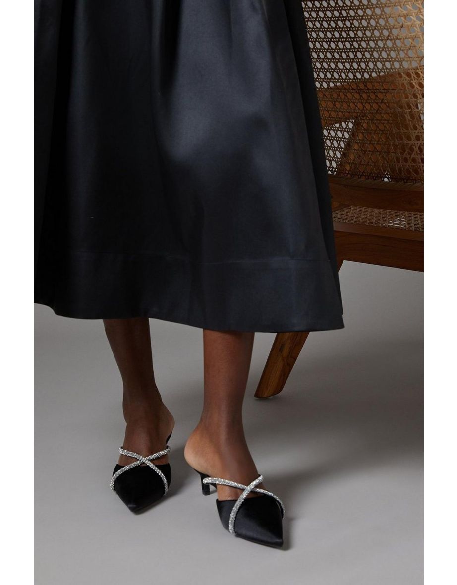 Shona Satin Diamante Cross Strap Kitten Heel Mules