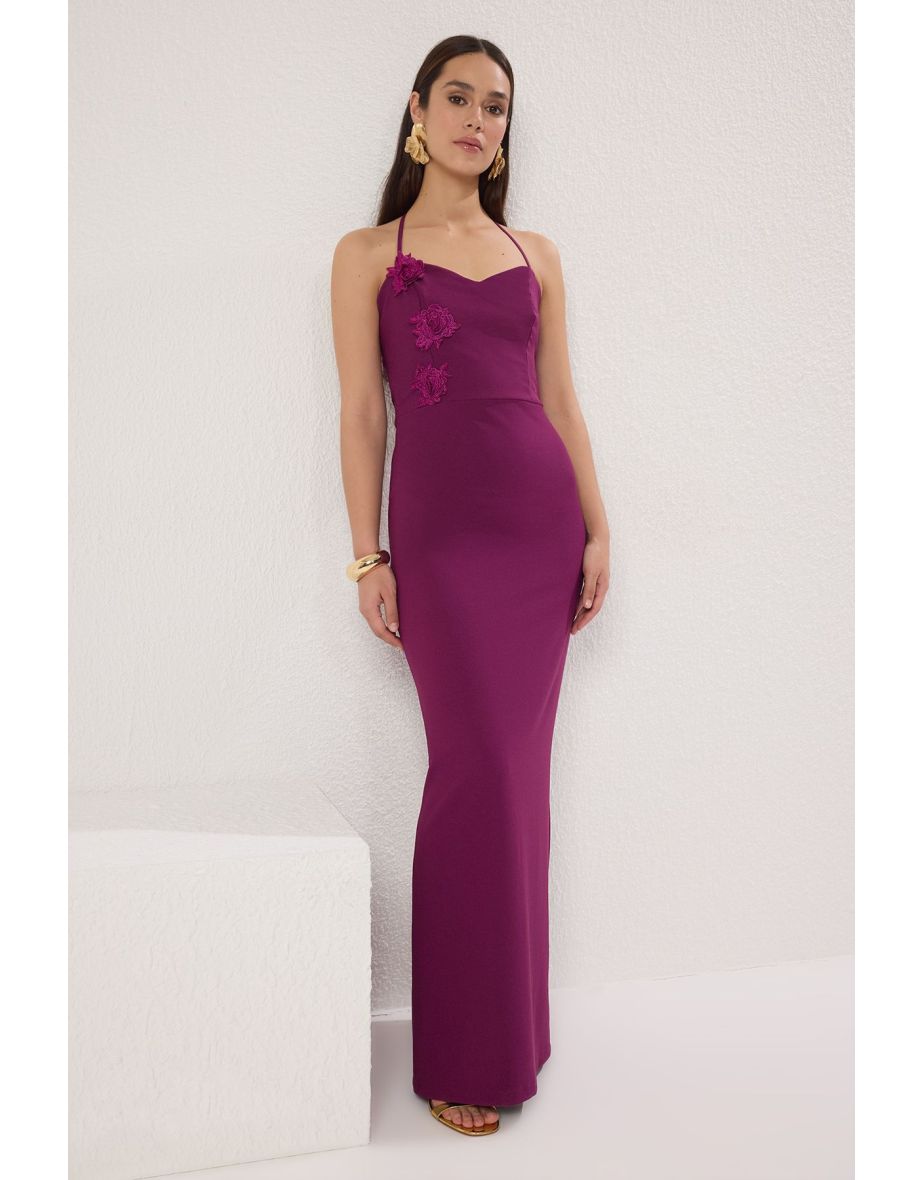 Plum Rose Detailed Woven Long Elegant Evening Night Graduation Dress