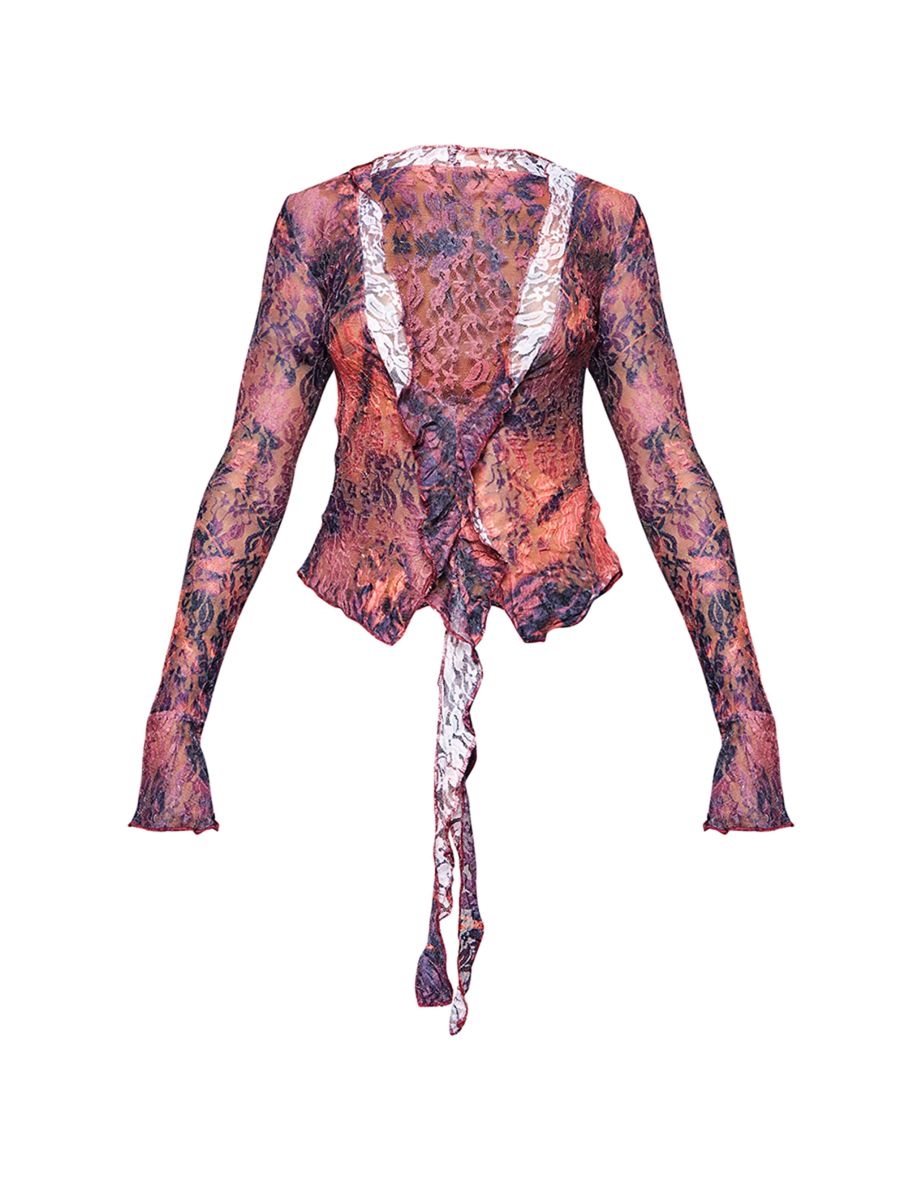 Purple Lace Print Ruffle Drape Long Sleeve Top - 4