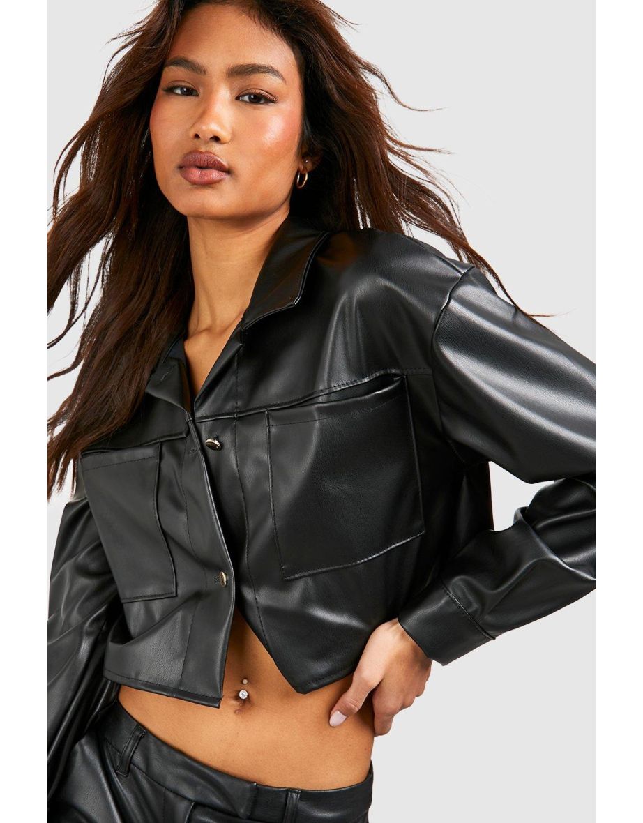 Tall Faux Leather Pocket Detail Crop Oversized Jacket - 3