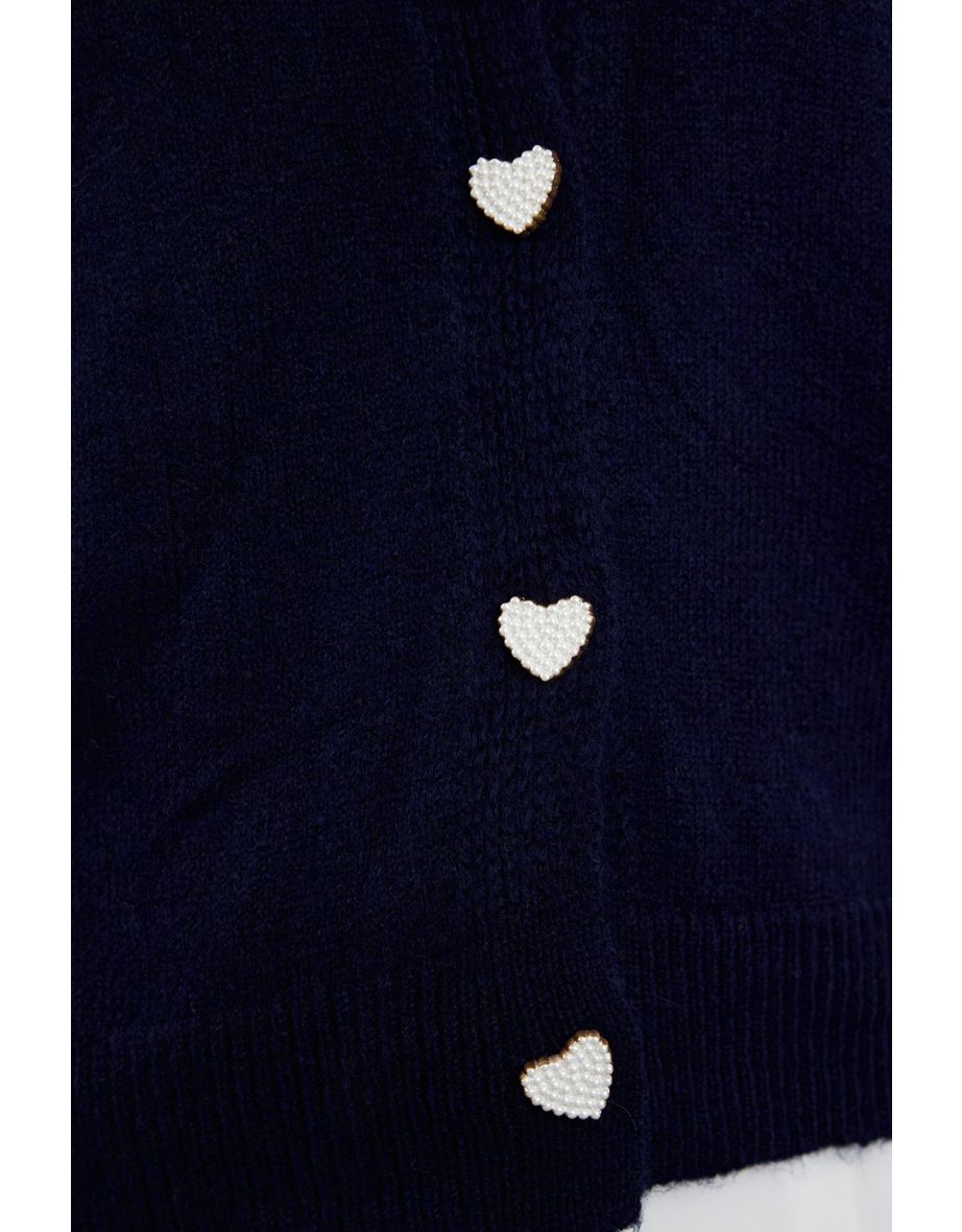 Navy Blue Soft Textured Jewel Buttoned Knitwear Cardigan - 6