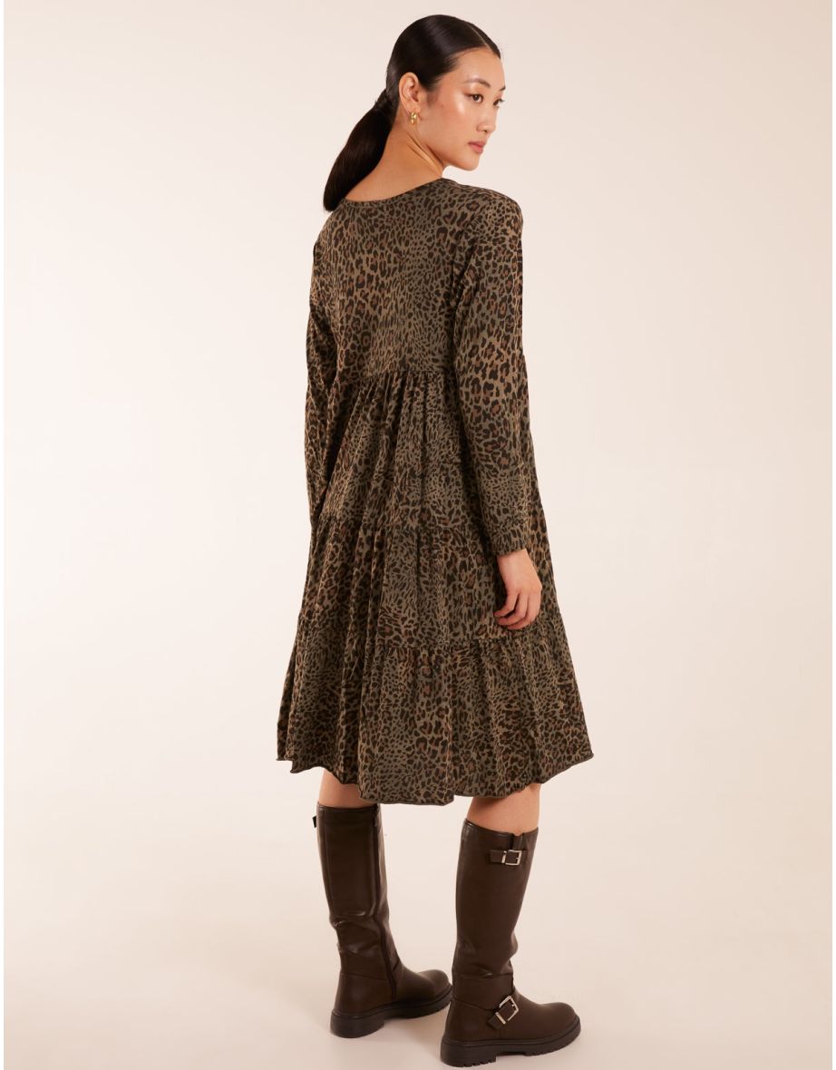 Tiered Leopard Roll Sleeve Smock Dress - 3